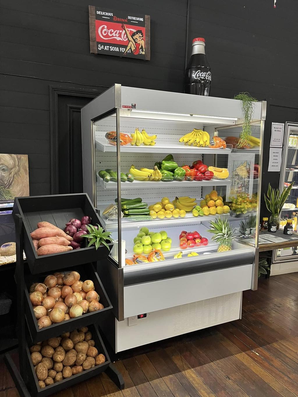 Fresh fruit and vegetables displayed at Mount Perry General Store.